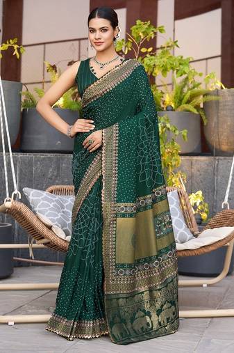 Dark green printed woven cotton silk bandhani saree with blouse