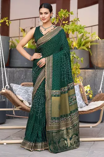 Dark green printed woven cotton silk bandhani saree with blouse