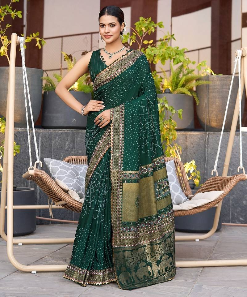 Dark green printed woven cotton silk bandhani saree with blouse