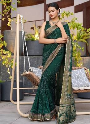 Dark green printed woven cotton silk bandhani saree with blouse 2