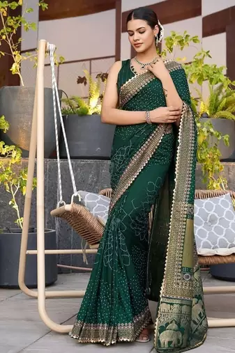 Dark green printed woven cotton silk bandhani saree with blouse