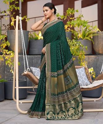 Dark green printed woven cotton silk bandhani saree with blouse 3