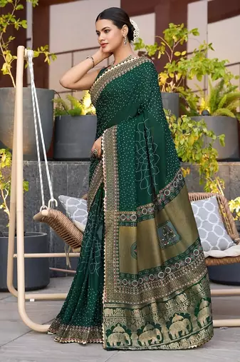 Dark green printed woven cotton silk bandhani saree with blouse