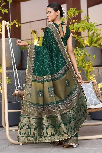 Dark green printed woven cotton silk bandhani saree with blouse