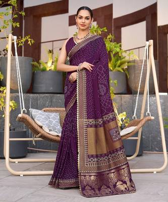 Magenta printed woven cotton silk bandhani saree with blouse 1