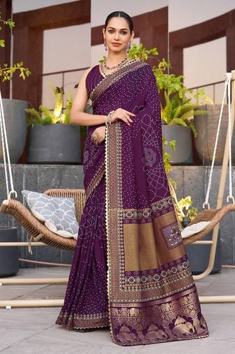 Magenta printed woven cotton silk bandhani saree with blouse