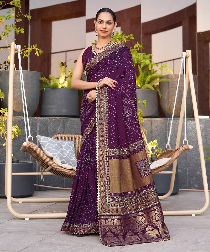 Magenta printed woven cotton silk bandhani saree with blouse