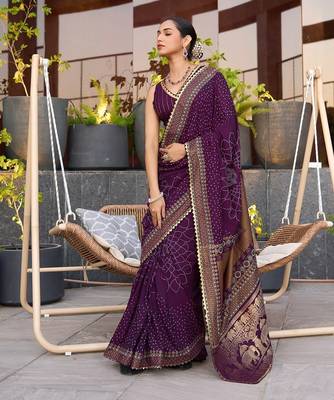 Magenta printed woven cotton silk bandhani saree with blouse 2