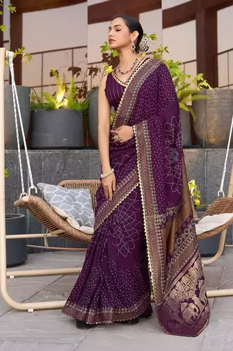Magenta printed woven cotton silk bandhani saree with blouse