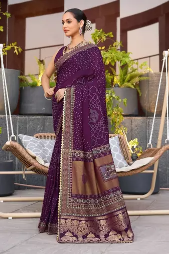 Magenta printed woven cotton silk bandhani saree with blouse