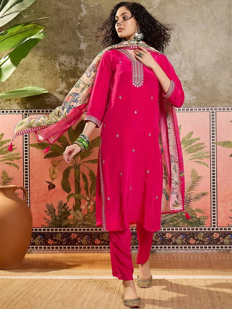 Rani plain kurta with trousers & dupatta set