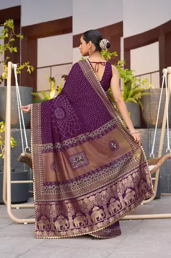 Magenta printed woven cotton silk bandhani saree with blouse