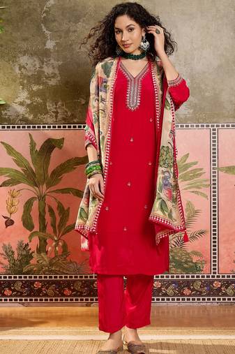 Red plain kurta with trousers & dupatta set