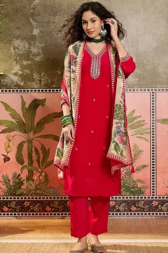 Red plain kurta with trousers & dupatta set
