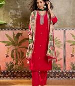 Red plain kurta with trousers & dupatta set