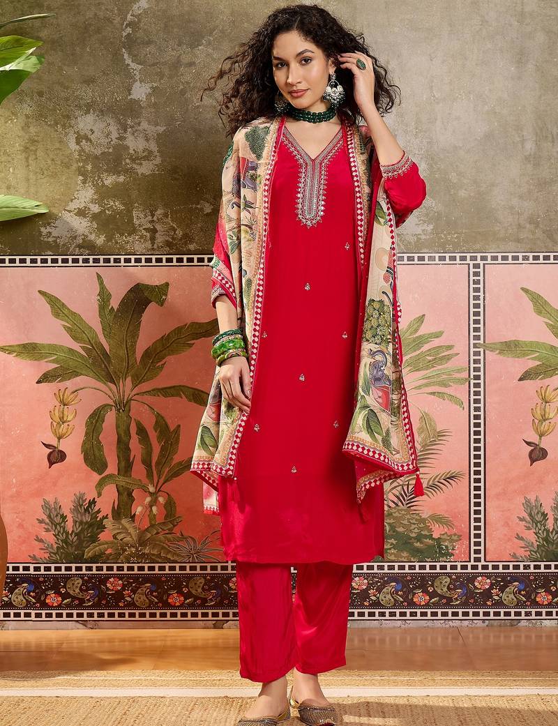 Red plain kurta with trousers & dupatta set