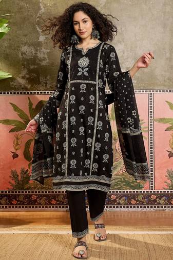 Black printed kurta with trousers & dupatta set
