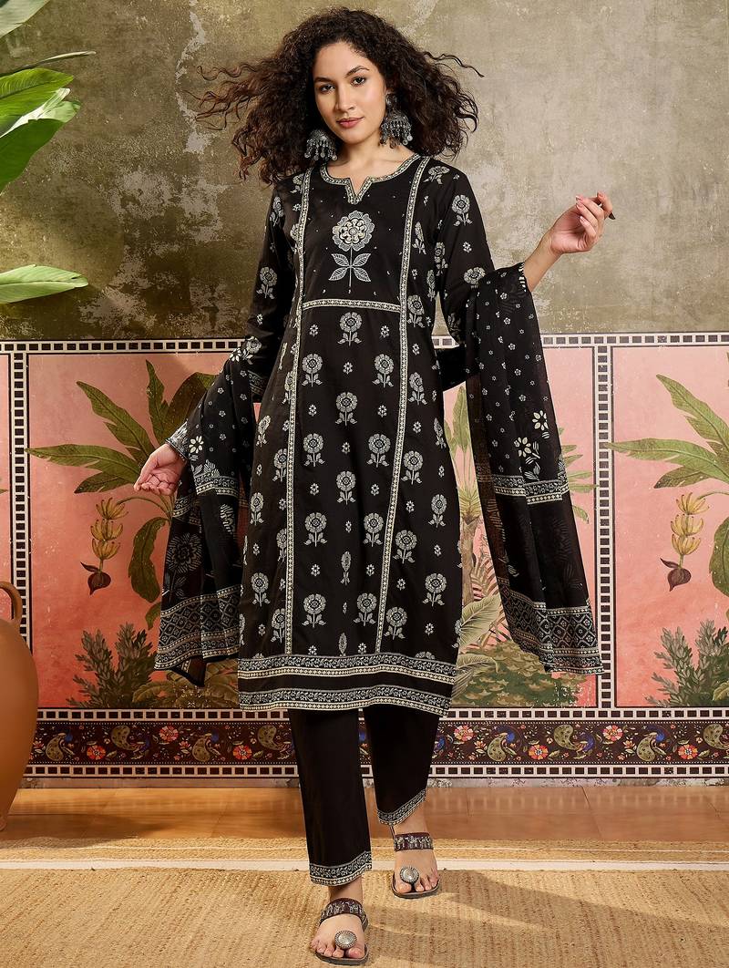 Black printed kurta with trousers & dupatta set