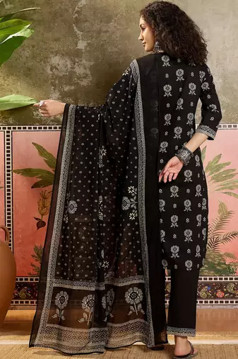 Black printed kurta with trousers & dupatta set