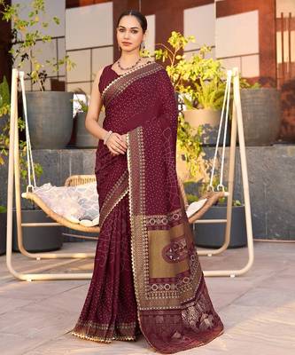 Maroon printed woven cotton silk bandhani saree with blouse 1