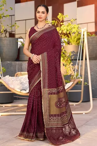 Maroon printed woven cotton silk bandhani saree with blouse