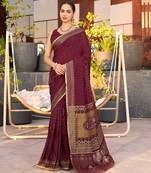 Maroon printed woven cotton silk bandhani saree with blouse