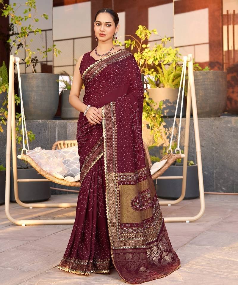 Maroon printed woven cotton silk bandhani saree with blouse
