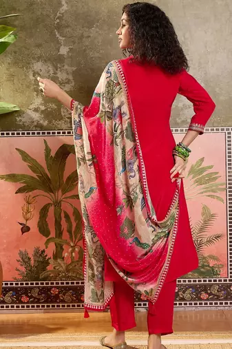 Red plain kurta with trousers & dupatta set