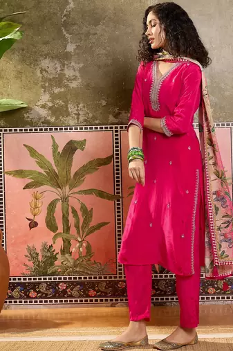 Rani plain kurta with trousers & dupatta set