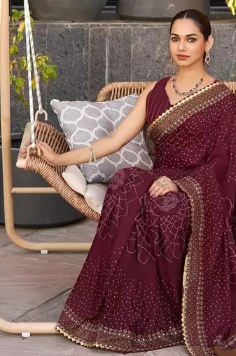 Maroon printed woven cotton silk bandhani saree with blouse