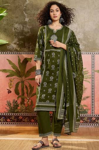 Green printed kurta with trousers & dupatta set