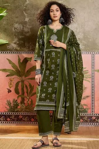 Green printed kurta with trousers & dupatta set