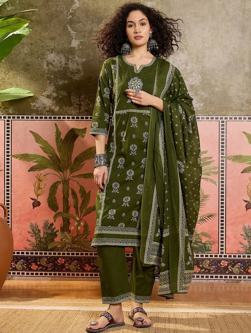 Green printed kurta with trousers & dupatta set