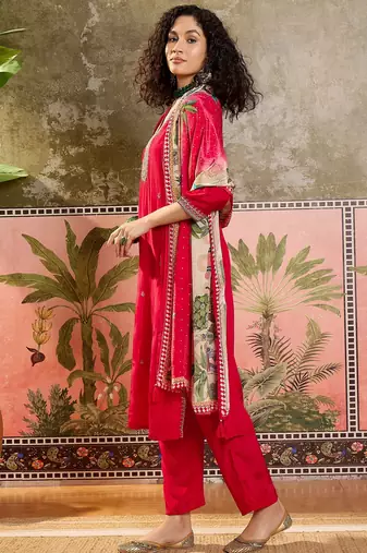 Red plain kurta with trousers & dupatta set