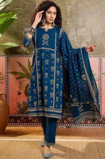 Teal blue printed kurta with trousers & dupatta set