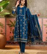 Teal blue printed kurta with trousers & dupatta set