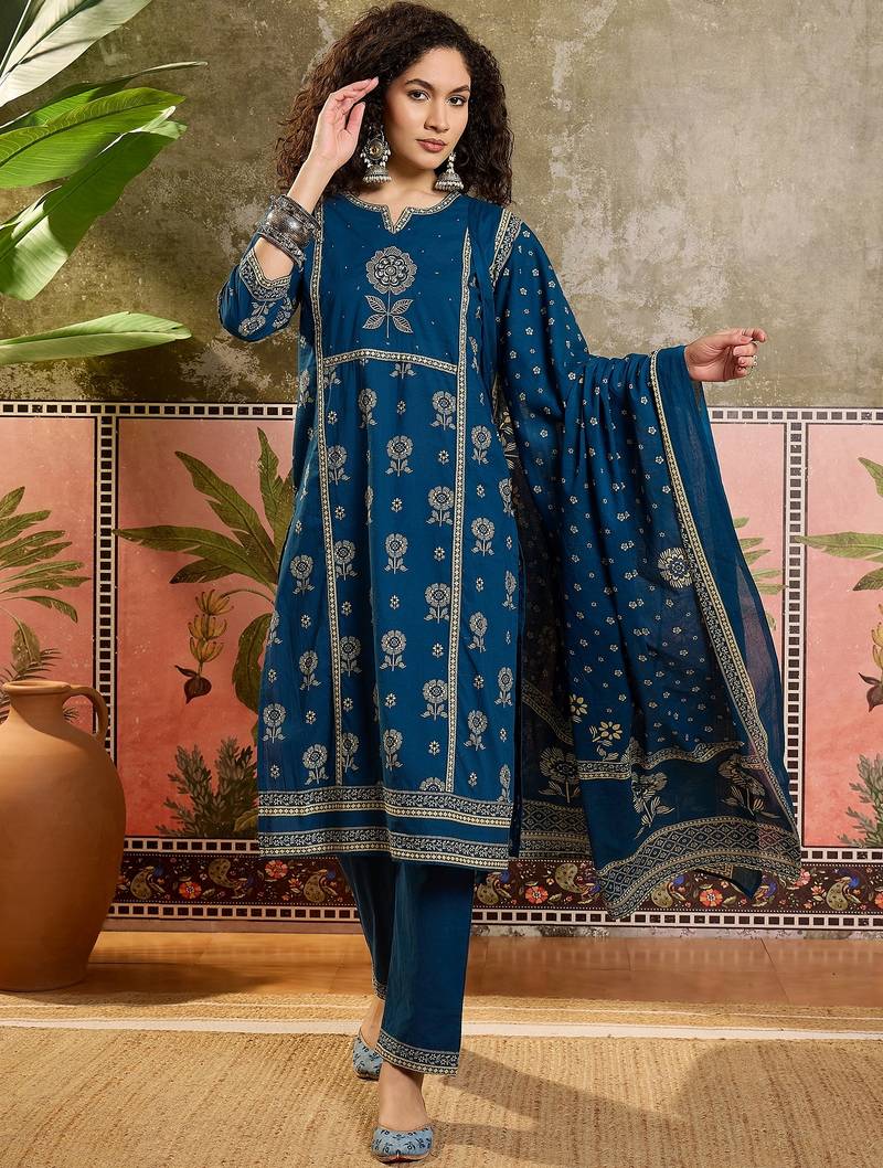 Teal blue printed kurta with trousers & dupatta set