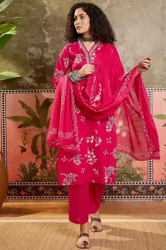 Pink printed kurta with trousers & dupatta set