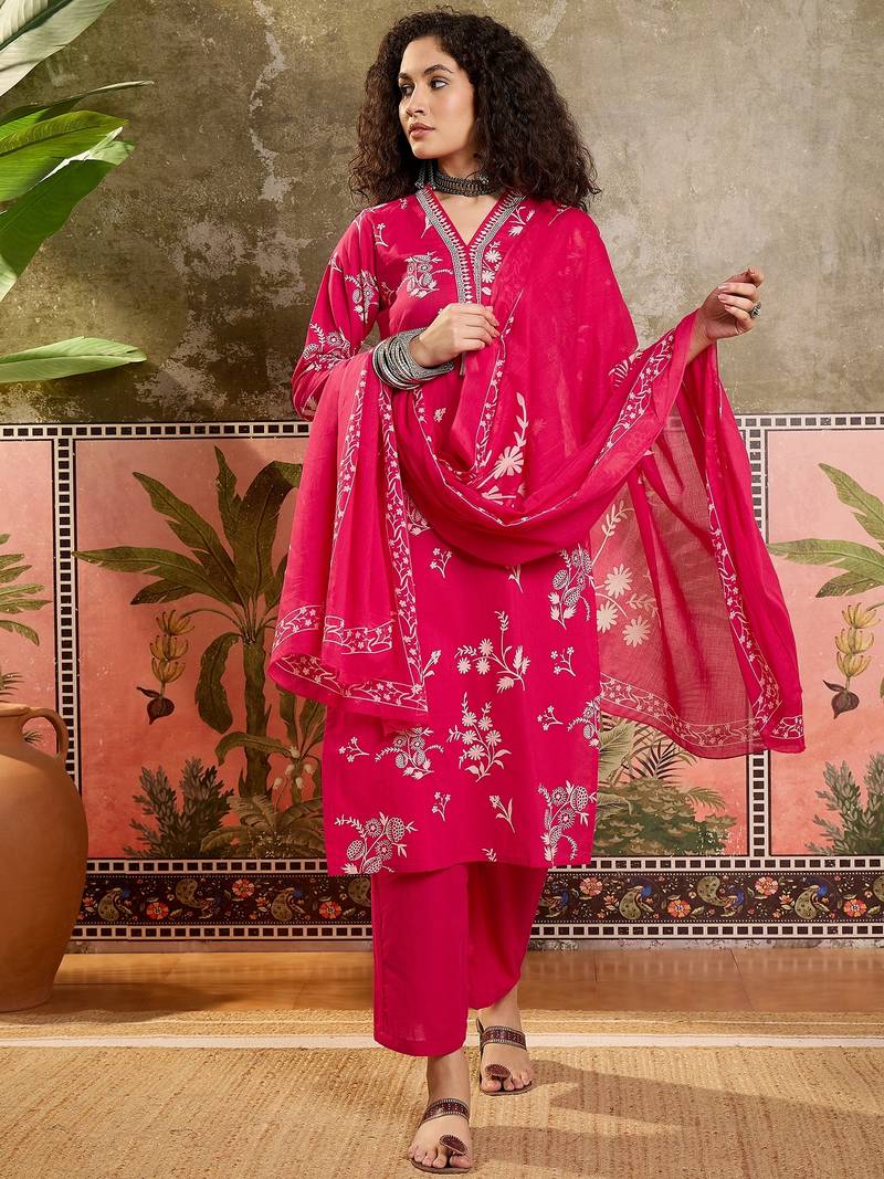 Pink printed kurta with trousers & dupatta set