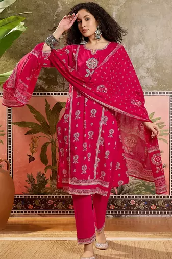Pink printed kurta with trousers & dupatta set