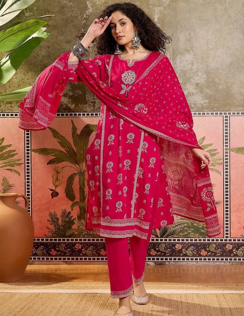 Pink printed kurta with trousers & dupatta set