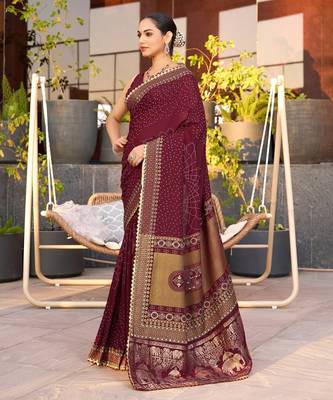 Maroon printed woven cotton silk bandhani saree with blouse 3