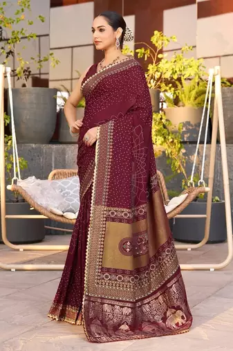 Maroon printed woven cotton silk bandhani saree with blouse