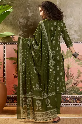 Green printed kurta with trousers & dupatta set