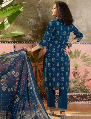 Teal blue printed kurta with trousers & dupatta set 2
