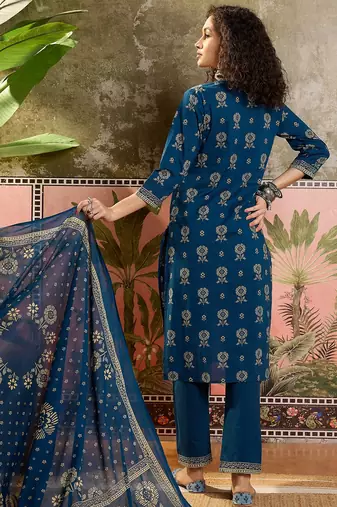 Teal blue printed kurta with trousers & dupatta set