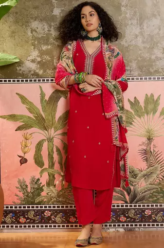 Red plain kurta with trousers & dupatta set