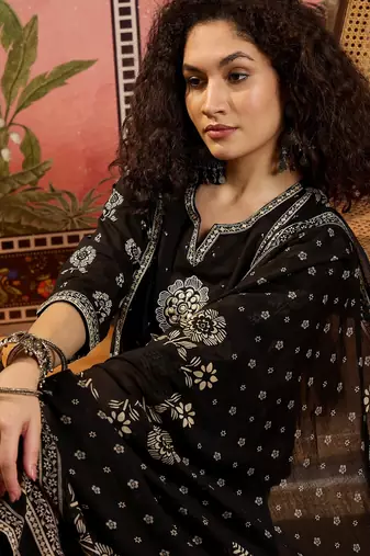 Black printed kurta with trousers & dupatta set