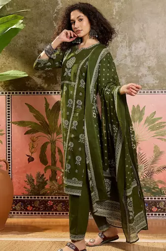 Green printed kurta with trousers & dupatta set