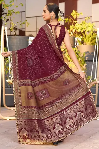 Maroon printed woven cotton silk bandhani saree with blouse